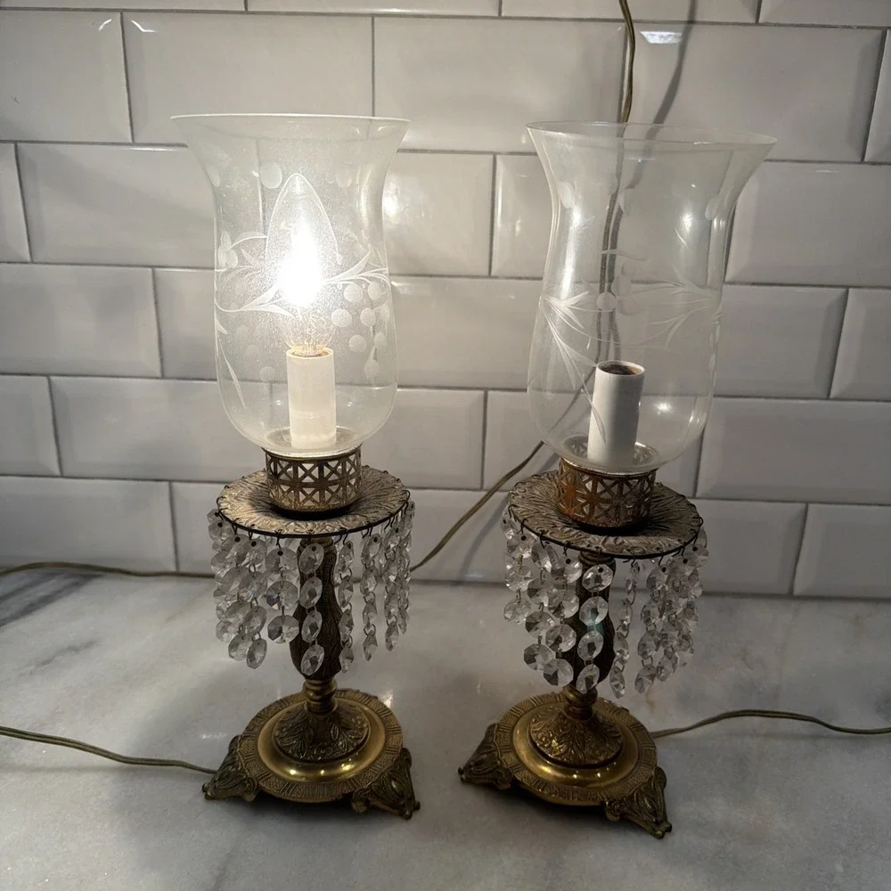MCM Vtg Art Deco Pair Of Footed Brass Dangling Crystal Hurricane Lamps OLA0001